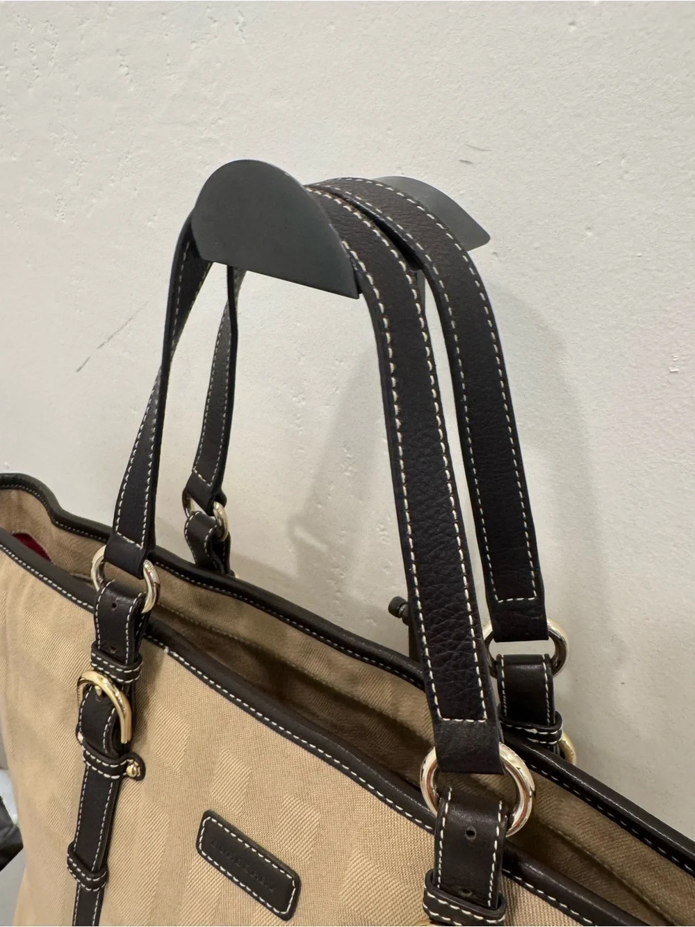 Burberry Beige Plaid Canvas Tote with Dark Brown Leather Trim